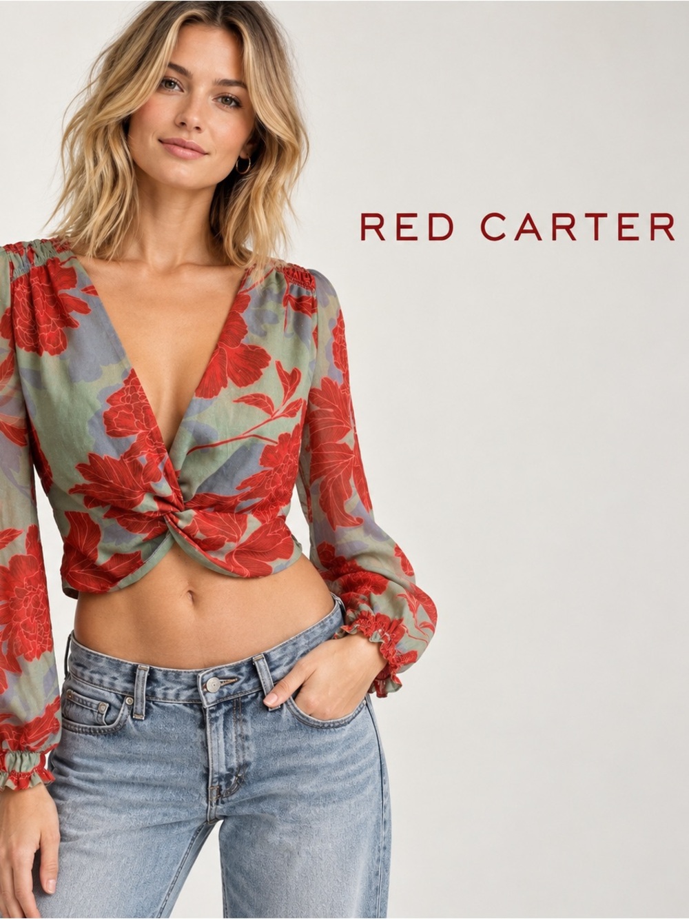 🌸Red Carter Red Floral Twist-Front Long Sleeve Crop Top size S Y2K Boho Festival